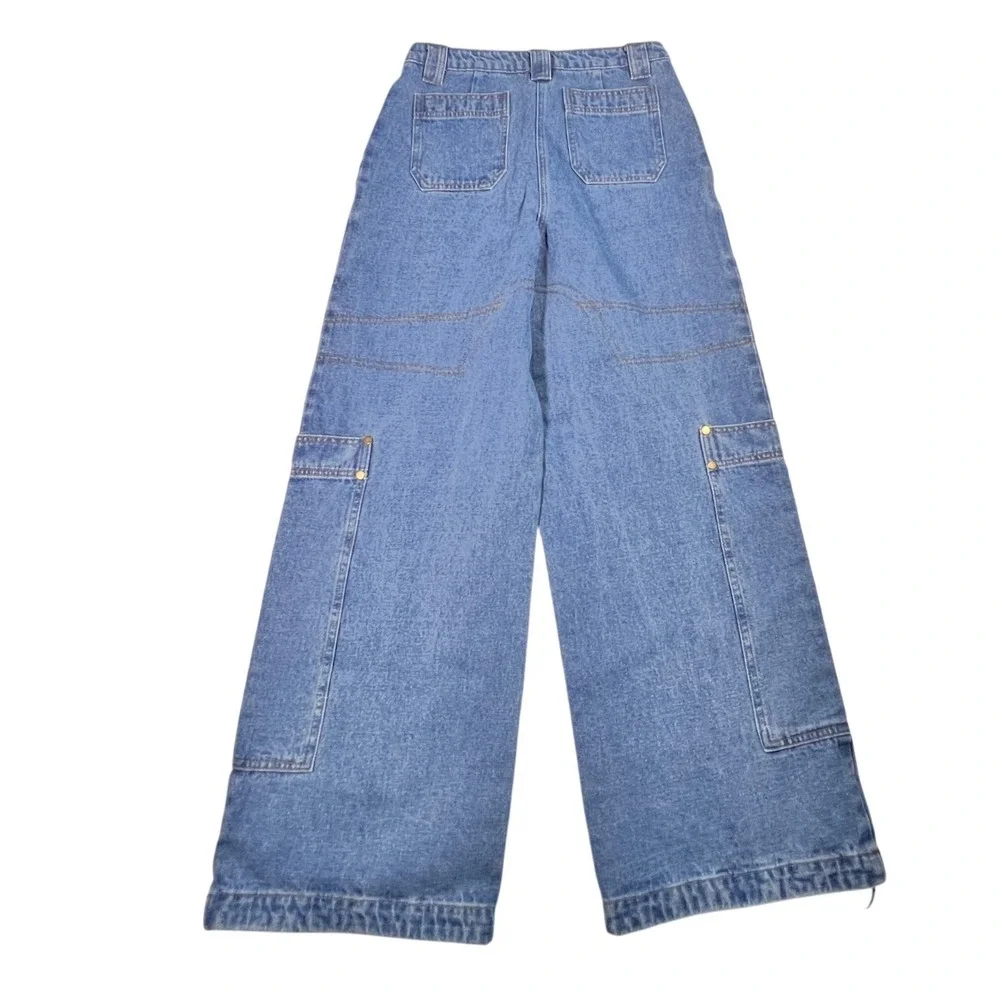 Callie Cargo Jeans Women L Blue Medium Wash Wide Leg Utility Bungee Hem Gorpcore - Picture 3 of 14